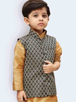 Boys Black And Gold Silk Blend Nehru Jacket 3