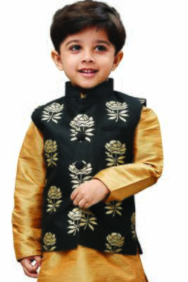 Boys Black And Gold Silk Blend Nehru Jacket 1