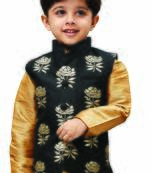 Boys Black And Gold Silk Blend Nehru Jacket