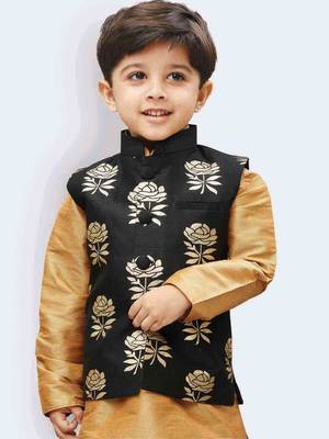 Boys Black And Gold Silk Blend Nehru Jacket 2