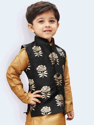 Boys Black And Gold Silk Blend Nehru Jacket 3