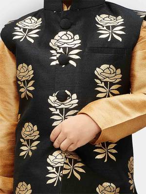 Boys Black And Gold Silk Blend Nehru Jacket 4