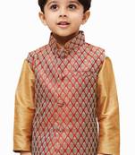 Boys Maroon And Gold Silk Blend Nehru Jacket