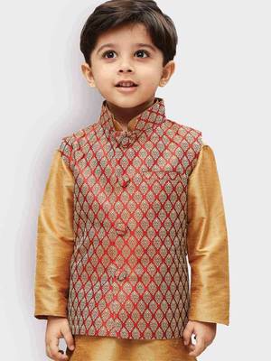 Boys Maroon And Gold Silk Blend Nehru Jacket 2
