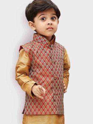 Boys Maroon And Gold Silk Blend Nehru Jacket 3