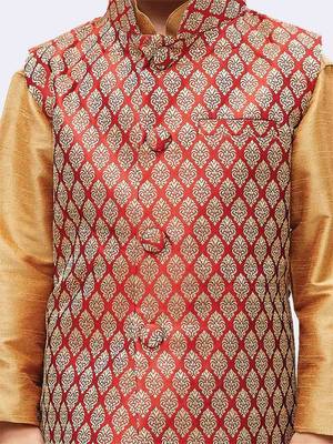 Boys Maroon And Gold Silk Blend Nehru Jacket 4