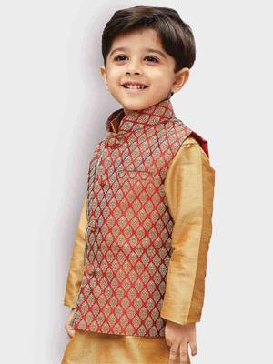 Boys Maroon And Gold Silk Blend Nehru Jacket 5