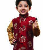 Boys Maroon And Gold Silk Blend Nehru Jacket