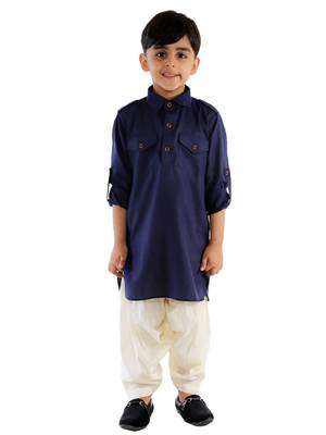 Boys Navy Blue Cotton Blend Pathani Kurta Set 1