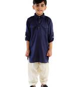 Boys Navy Blue Cotton Blend Pathani Kurta Set