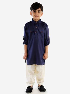 Boys Navy Blue Cotton Blend Pathani Kurta Set 2