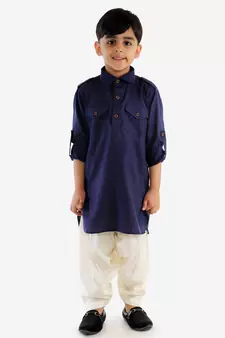 Boys Navy Blue Cotton Blend Pathani Kurta Set