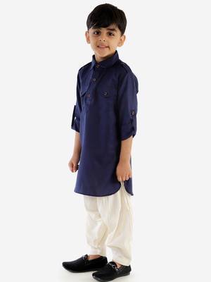 Boys Navy Blue Cotton Blend Pathani Kurta Set 3