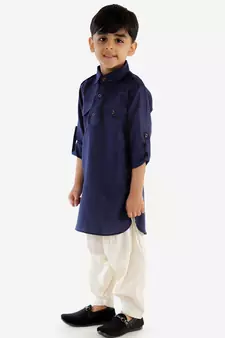 Boys Navy Blue Cotton Blend Pathani Kurta Set