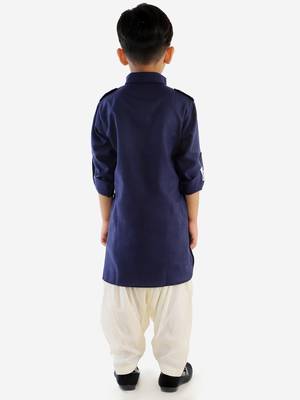 Boys Navy Blue Cotton Blend Pathani Kurta Set 5