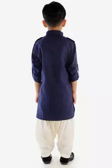Boys Navy Blue Cotton Blend Pathani Kurta Set