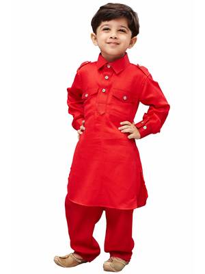  Red Cotton Pathani Kurta Set 1