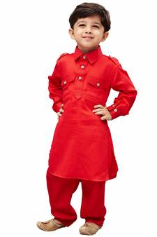 Boys Red Cotton Pathani Kurta Set
