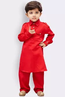  Red Cotton Pathani Kurta Set