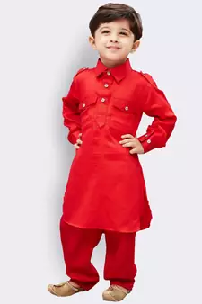  Red Cotton Pathani Kurta Set