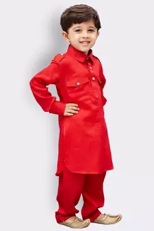  Red Cotton Pathani Kurta Set