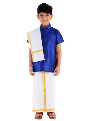 VASTRAMAY Boys Blue and White Silk Blend Shirt Mundu and Dupatta 1
