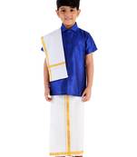 VASTRAMAY Boys Blue and White Silk Blend Shirt Mundu and Dupatta