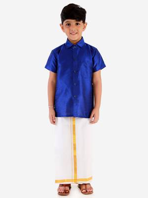 VASTRAMAY Boys Blue and White Silk Blend Shirt Mundu and Dupatta 3