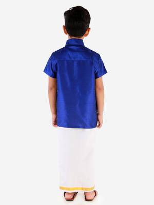 VASTRAMAY Boys Blue and White Silk Blend Shirt Mundu and Dupatta 4