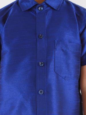 VASTRAMAY Boys Blue and White Silk Blend Shirt Mundu and Dupatta 5