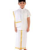 VASTRAMAY Boys White Silk Blend Shirt Mundu and Dupatta
