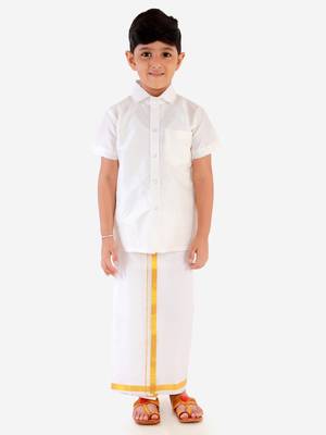 VASTRAMAY Boys White Silk Blend Shirt Mundu and Dupatta 3