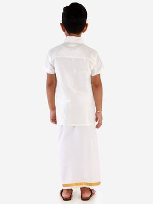 VASTRAMAY Boys White Silk Blend Shirt Mundu and Dupatta 5