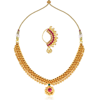 Traditional Maharashtrian Thusi (chokar) necklace with Nath combo set for women and girls  1