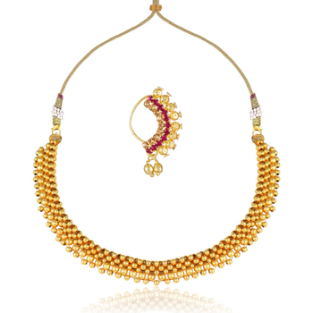 Traditional Maharashtrian Thusi (chokar) necklace with Nath combo set for women and girls  1