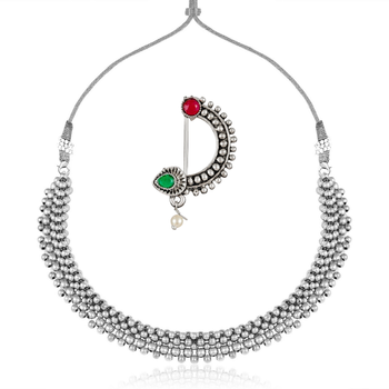Traditional oxidised Maharashtrian Thusi (chokar) necklace with Nath combo set for women and girls  1