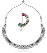 Traditional oxidised Maharashtrian Thusi (chokar) necklace with Nath combo set for women and girls 