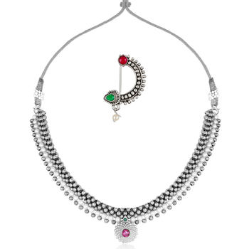 Traditional oxidised Maharashtrian Thusi (chokar) necklace with Nath combo set for women and girls  1
