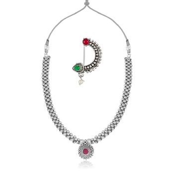 Traditional oxidised Maharashtrian Thusi (chokar) necklace with Nath combo set for women and girls  1