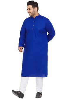 Men'S Blue And White Cotton Blend Kurta Pyjama Set