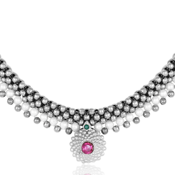 Traditional oxidised Maharashtrian Thusi (chokar) necklace with Nath combo set for women and girls  3