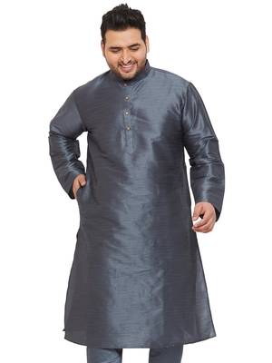 Men'S Steel Grey Silk Blend Kurta 1
