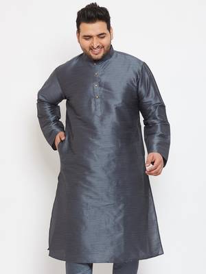 Men'S Steel Grey Silk Blend Kurta 2