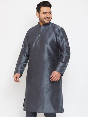 Men'S Steel Grey Silk Blend Kurta 3