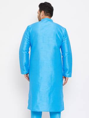 Men'S Aqua Blue Silk Blend Kurta 4