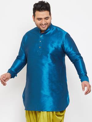 Men'S Turquoise Silk Blend Kurta 3