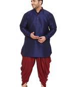 Men'S Navy Blue And Maroon Silk Blend Kurta And Dhoti Set