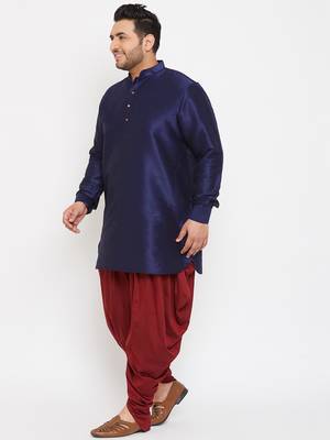 Men'S Navy Blue And Maroon Silk Blend Kurta And Dhoti Set 3