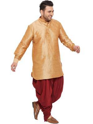 Men'S Rose Gold And Maroon Silk Blend Kurta And Dhoti Set 1