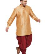 Men'S Rose Gold And Maroon Silk Blend Kurta And Dhoti Set